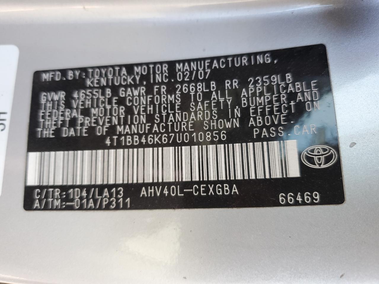 4T1BB46K67U010856 2007 Toyota Camry Hybrid