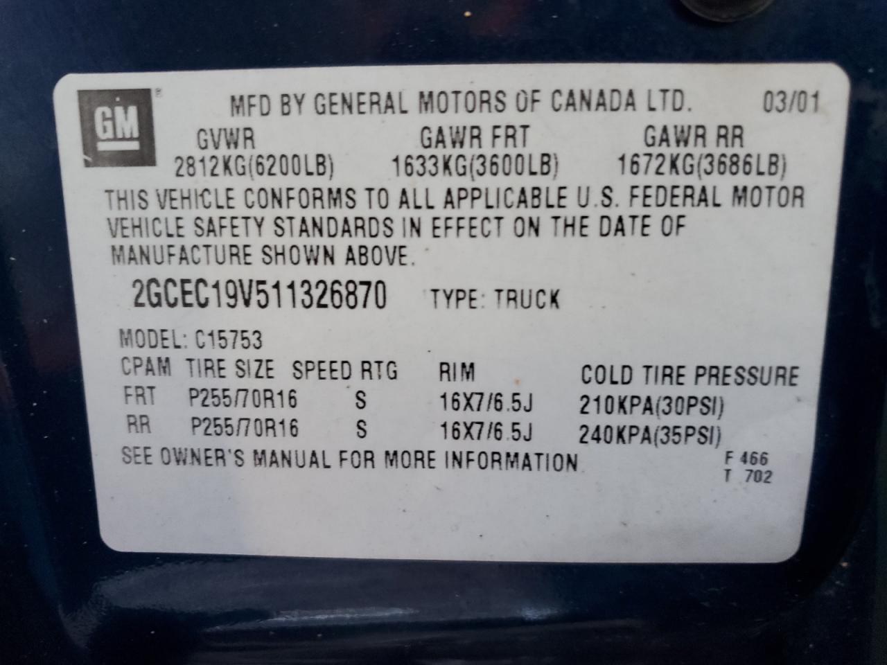 2GCEC19V511326870 2001 Chevrolet Silverado C1500