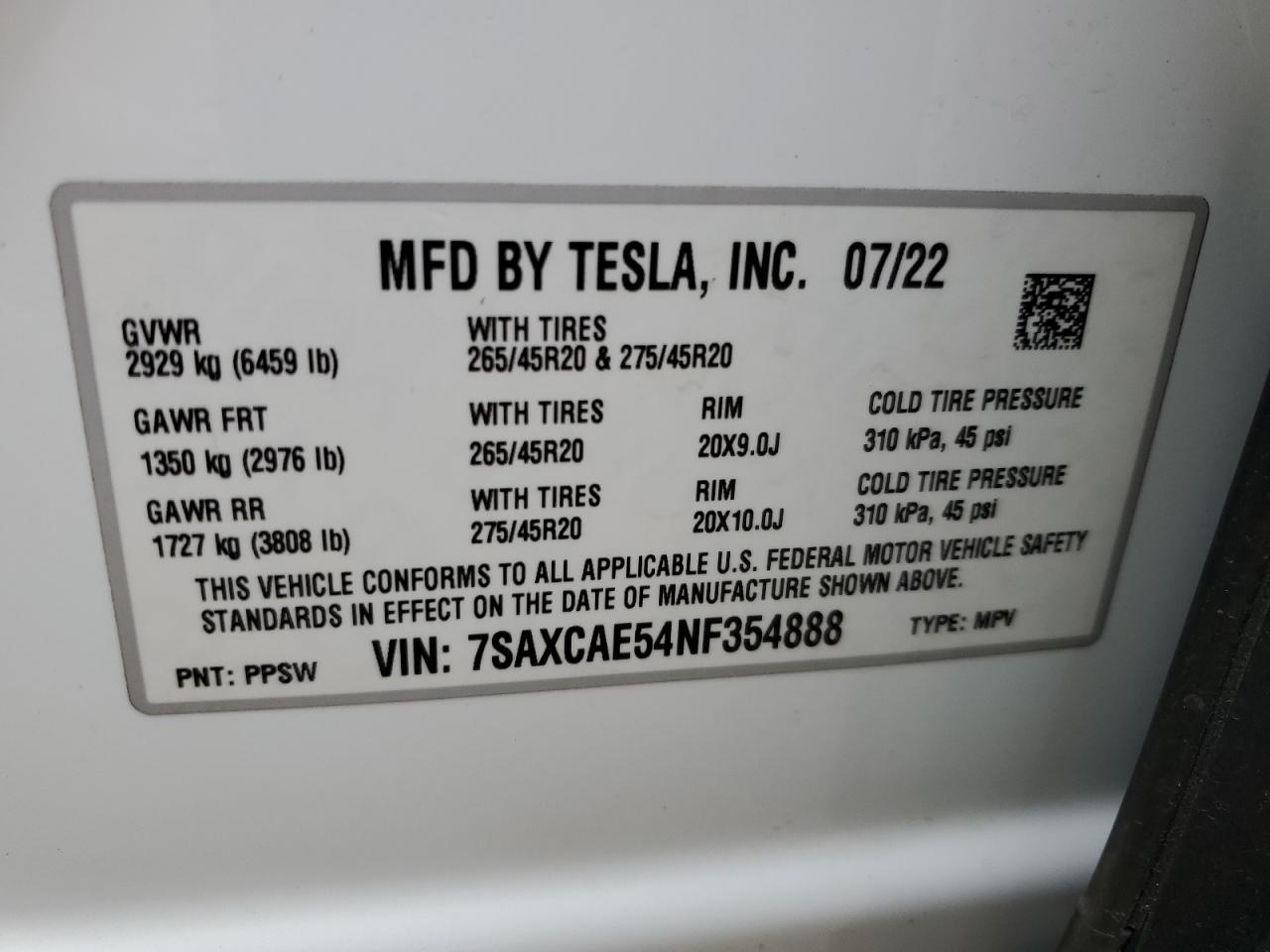 7SAXCAE54NF354888 2022 Tesla Model X