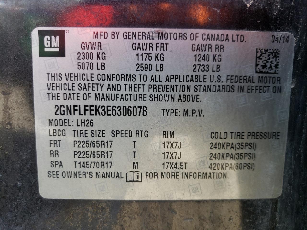 2GNFLFEK3E6306078 2014 Chevrolet Equinox Lt