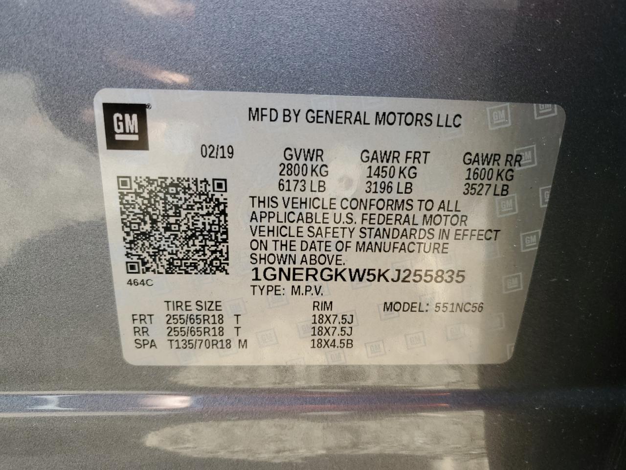 1GNERGKW5KJ255835 2019 Chevrolet Traverse Lt