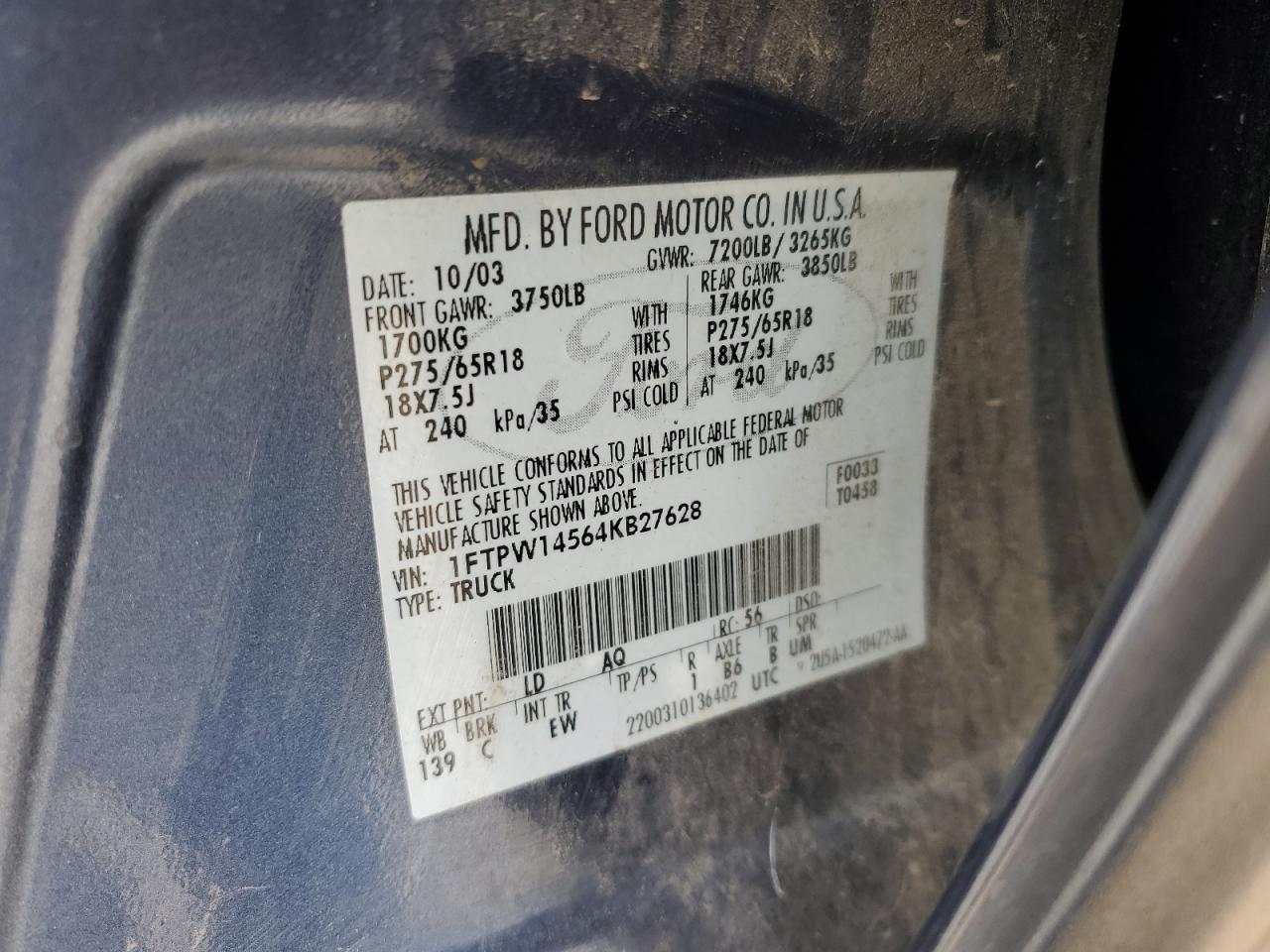 1FTPW14564KB27628 2004 Ford F150 Supercrew