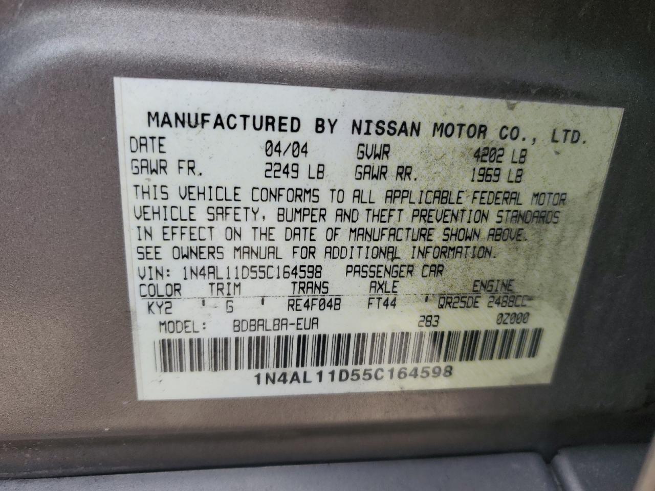 2005 Nissan Altima S VIN: 1N4AL11D55C164598 Lot: 83635674