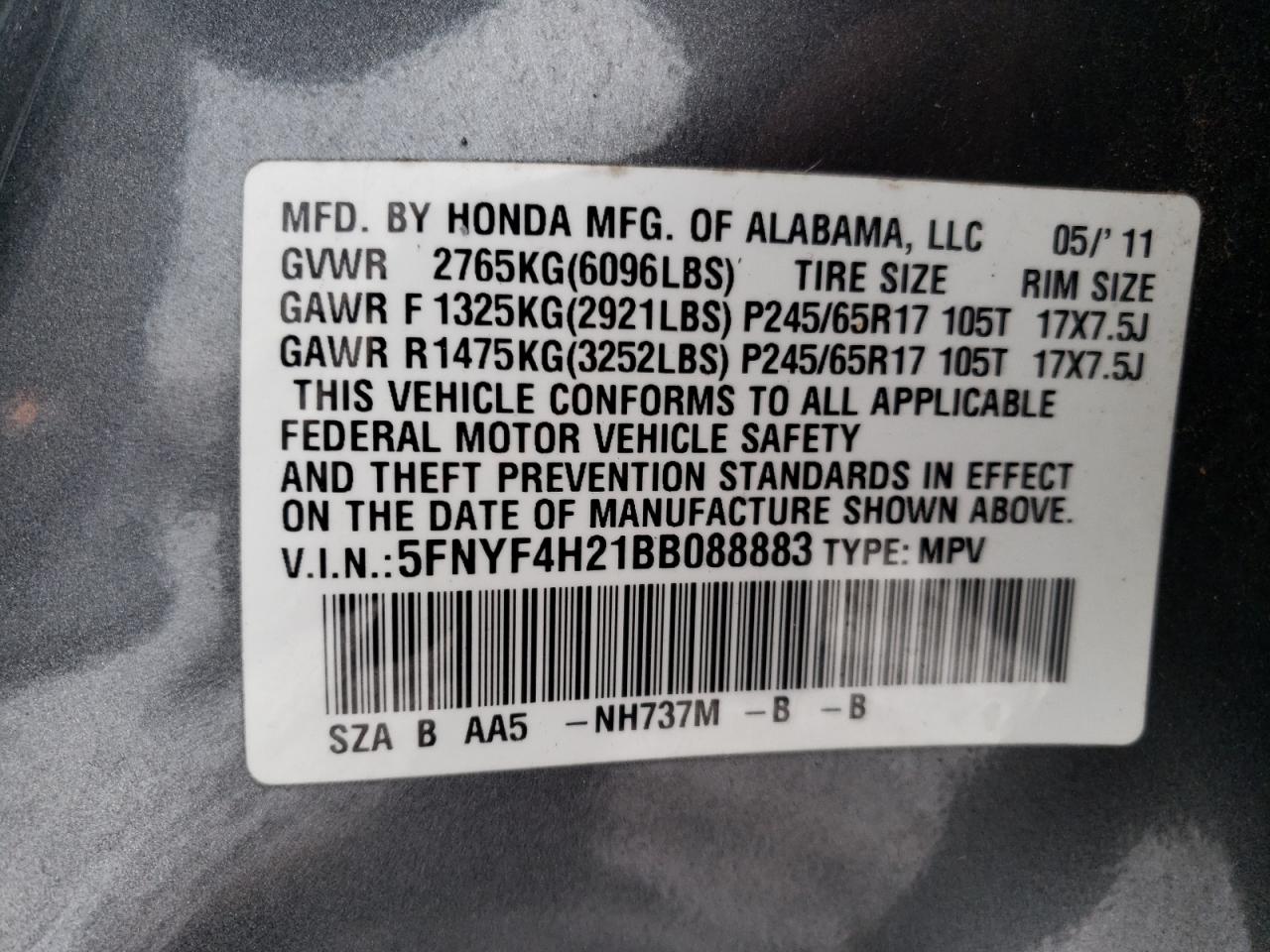 2011 Honda Pilot Lx VIN: 5FNYF4H21BB088883 Lot: 84765334