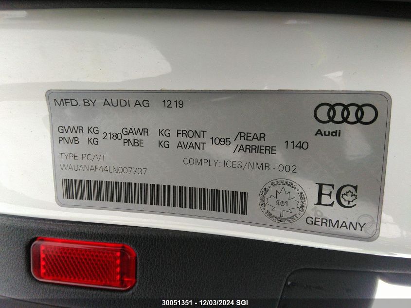 2020 Audi A4 Komfort VIN: WAUANAF44LN007737 Lot: 30051351