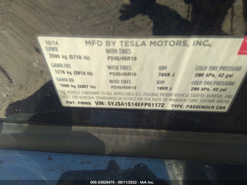 2014 Tesla Model S 60 Kwh Battery VIN: 5YJSA1S14EFP61172 Lot: 33028470