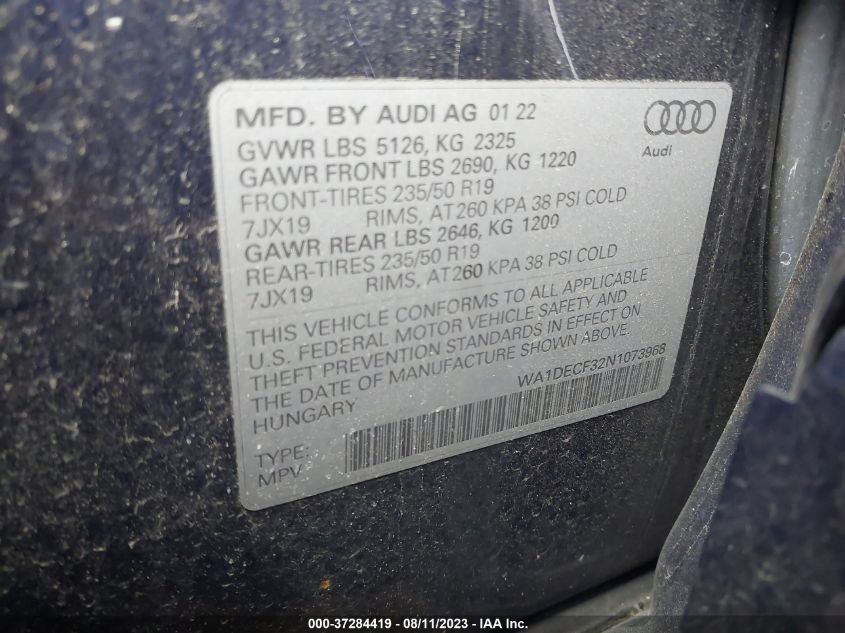 2022 Audi Q3 Premium 45 Tfsi S Line Quattro Tiptronic VIN: WA1DECF32N1073968 Lot: 37284419