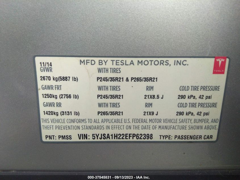 2014 Tesla Model S P85D VIN: 5YJSA1H22EFP62398 Lot: 37545831