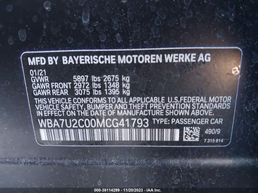 2021 BMW 7 Series 750I xDrive VIN: WBA7U2C00MCG41793 Lot: 38114299