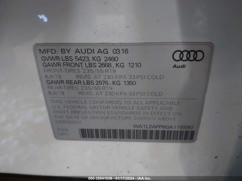 2016 Audi Q5 2.0T Premium VIN: WA1L2AFP6GA115590 Lot: 38541536