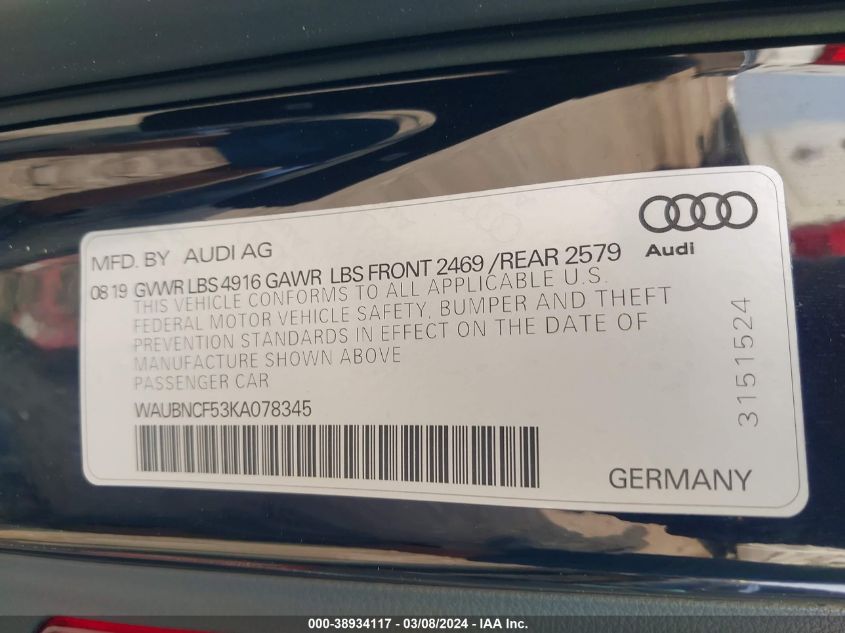 2019 Audi A5 45 Premium VIN: WAUBNCF53KA078345 Lot: 38934117