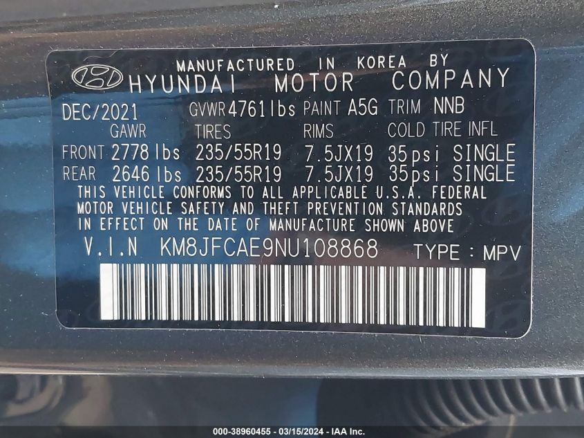 2022 Hyundai Tucson Xrt VIN: KM8JFCAE9NU108868 Lot: 38960455