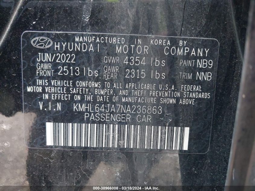 2022 Hyundai Sonata Sel VIN: KMHL64JA7NA236863 Lot: 38966008