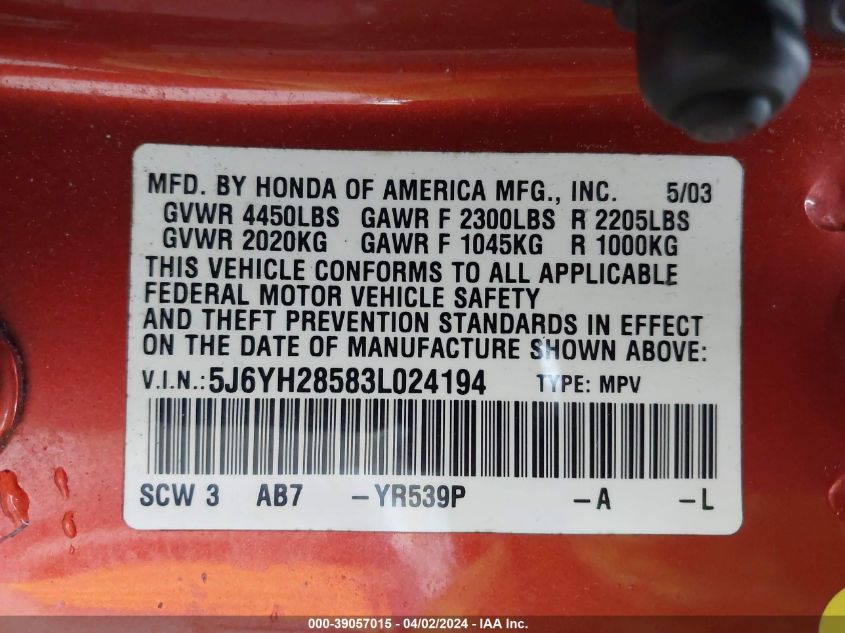 2003 Honda Element Ex VIN: 5J6YH28583L024194 Lot: 39057015