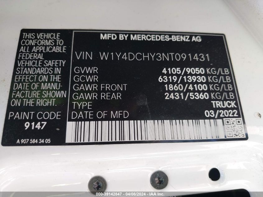 2022 Mercedes-Benz Sprinter 2500 High Roof I4 Diesel VIN: W1Y4DCHY3NT091431 Lot: 39142847