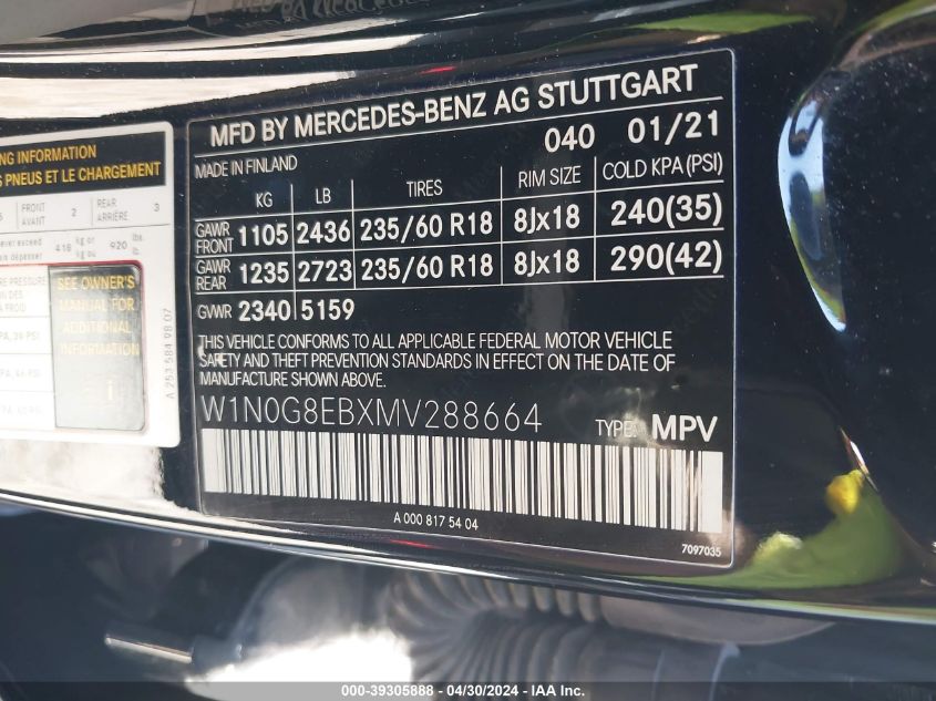 2021 Mercedes-Benz Glc 300 4Matic Suv VIN: W1N0G8EBXMV288664 Lot: 39305888