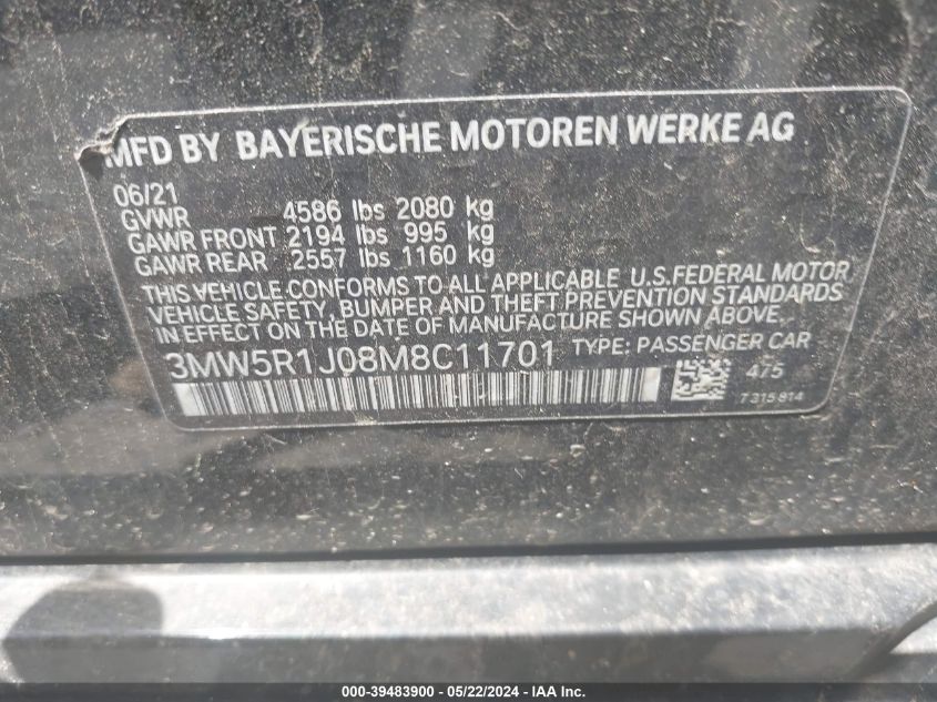 2021 BMW 330I VIN: 3MW5R1J08M8C11701 Lot: 39483900