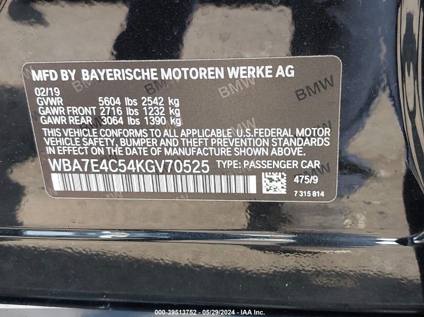 2019 BMW 740I xDrive VIN: WBA7E4C54KGV70525 Lot: 39513752