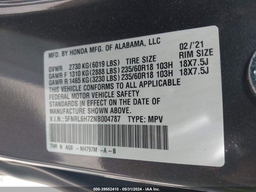 2022 Honda Odyssey Ex-L VIN: 5FNRL6H72NB004787 Lot: 39552410