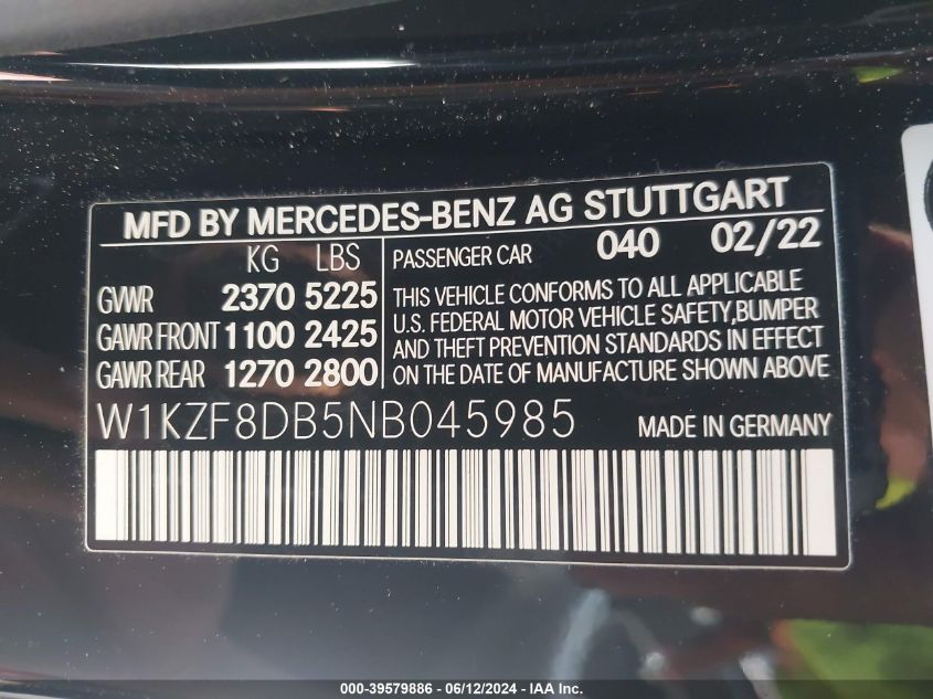 2022 Mercedes-Benz E 350 VIN: W1KZF8DB5NB045985 Lot: 39579886