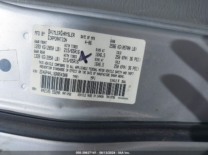 2006 Dodge Grand Caravan Sxt VIN: 2D4GP44L16R854308 Lot: 39637141