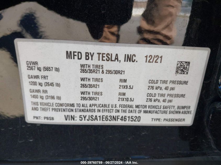 2022 Tesla Model S Plaid Tri Motor All-Wheel Drive VIN: 5YJSA1E63NF461520 Lot: 39760789