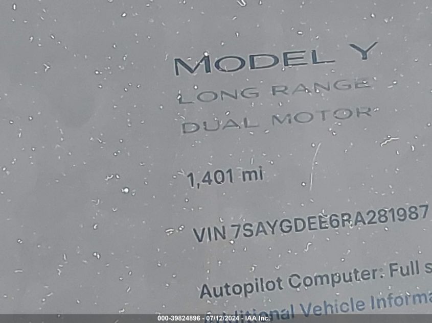 2024 Tesla Model Y Long Range Dual Motor All-Wheel Drive VIN: 7SAYGDEE6RA281987 Lot: 39824896