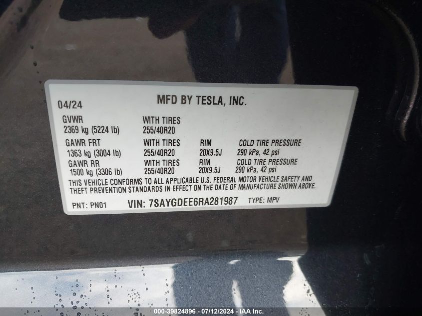 2024 Tesla Model Y Long Range Dual Motor All-Wheel Drive VIN: 7SAYGDEE6RA281987 Lot: 39824896