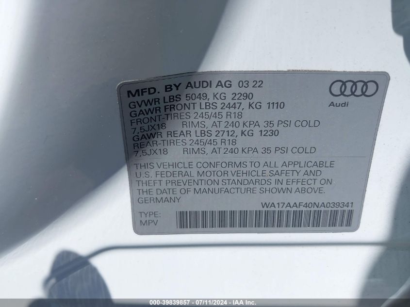 2022 Audi A4 Allroad Premium 45 Tfsi Quattro S Tronic VIN: WA17AAF40NA039341 Lot: 39839857