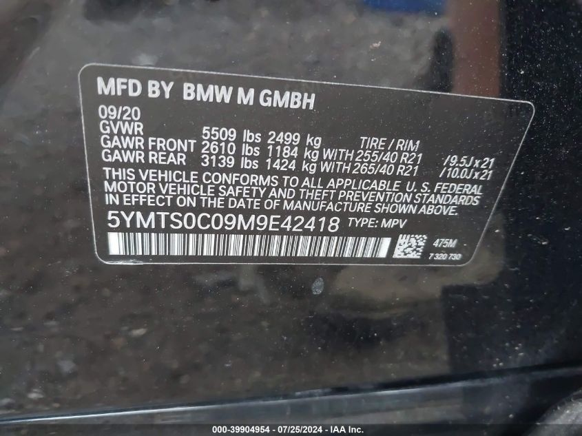 2021 BMW X3 M VIN: 5YMTS0C09M9E42418 Lot: 39904954