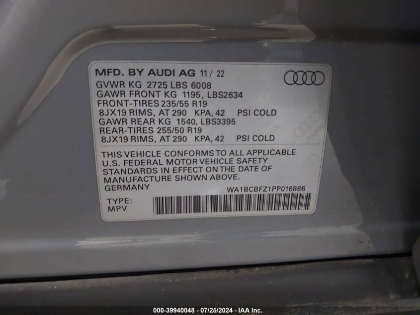 2023 Audi Q4 E-Tron Premium Plus 40 Rwd VIN: WA1BCBFZ1PP016866 Lot: 39940048