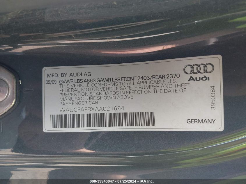 2010 Audi A5 2.0T Premium VIN: WAUCFAFRXAA021664 Lot: 39943047