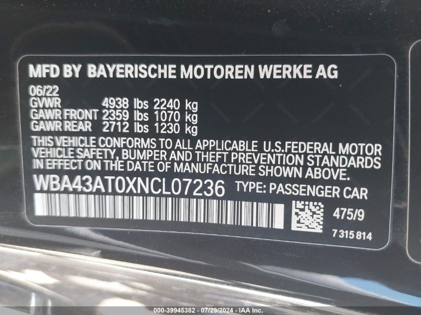 2022 BMW 430I xDrive VIN: WBA43AT0XNCL07236 Lot: 39945382