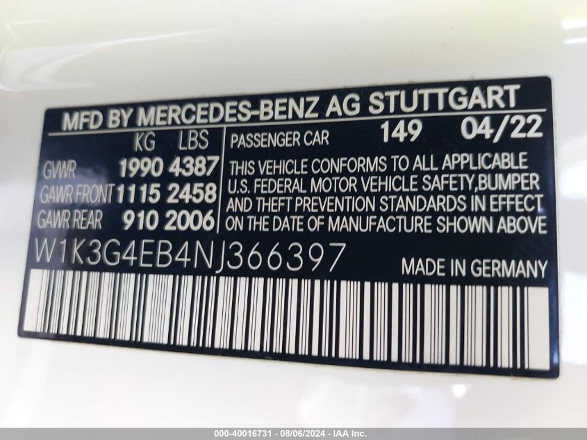 2022 Mercedes-Benz A 220 VIN: W1K3G4EB4NJ366397 Lot: 40016731