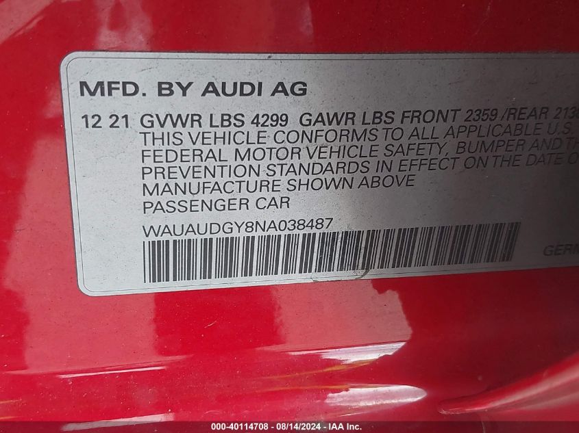 2022 Audi A3 Premium 40 Tfsi Front-Wheel Drive S Tronic VIN: WAUAUDGY8NA038487 Lot: 40114708