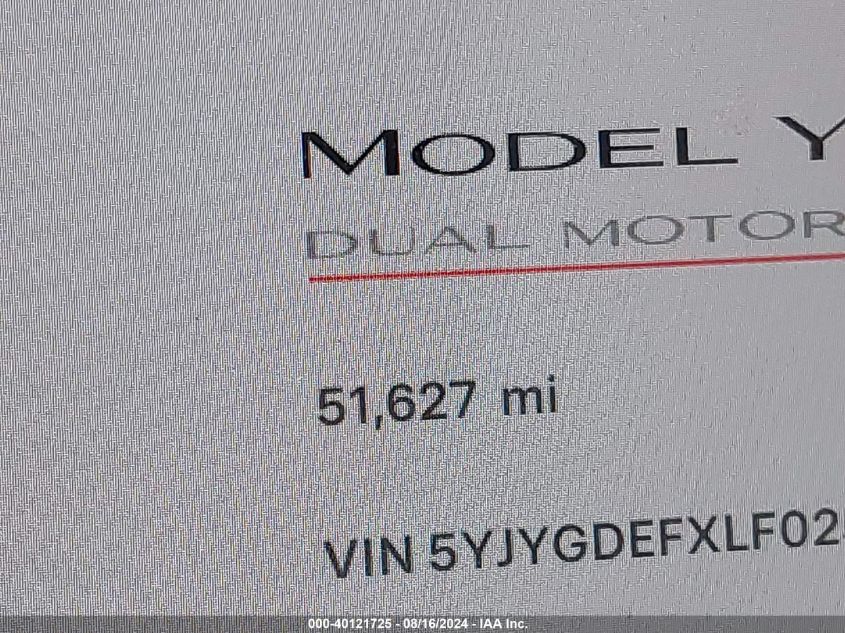 2020 Tesla Model Y VIN: 5YJYGDEFXLF025559 Lot: 40121725