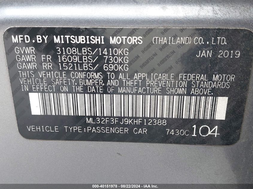 2019 Mitsubishi Mirage G4 Es/Rf VIN: ML32F3FJ9KHF12388 Lot: 40151978