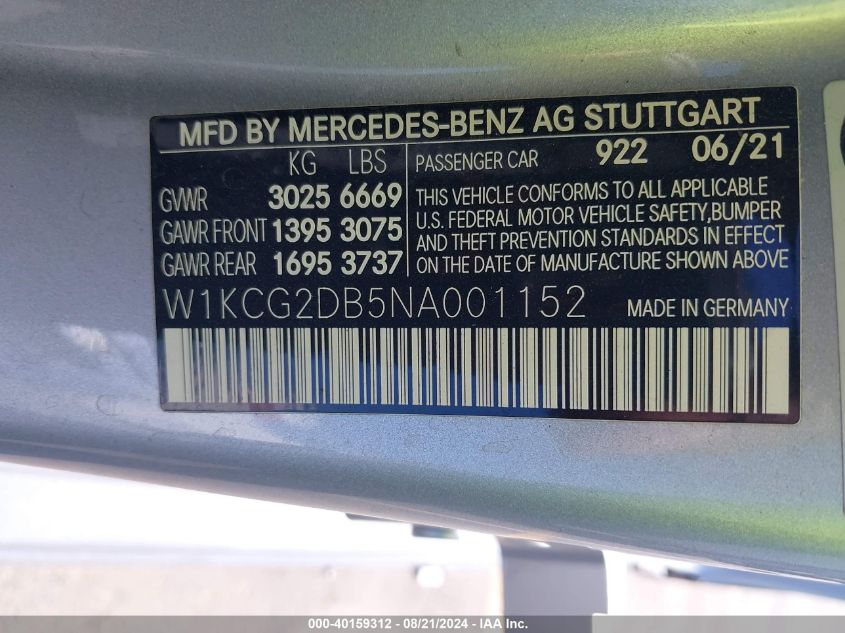 2022 Mercedes-Benz Eqs 450+ VIN: W1KCG2DB5NA001152 Lot: 40159312