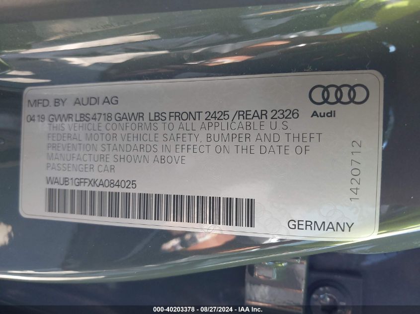 2019 Audi S3 2.0T Premium Plus VIN: WAUB1GFFXKA084025 Lot: 40203378