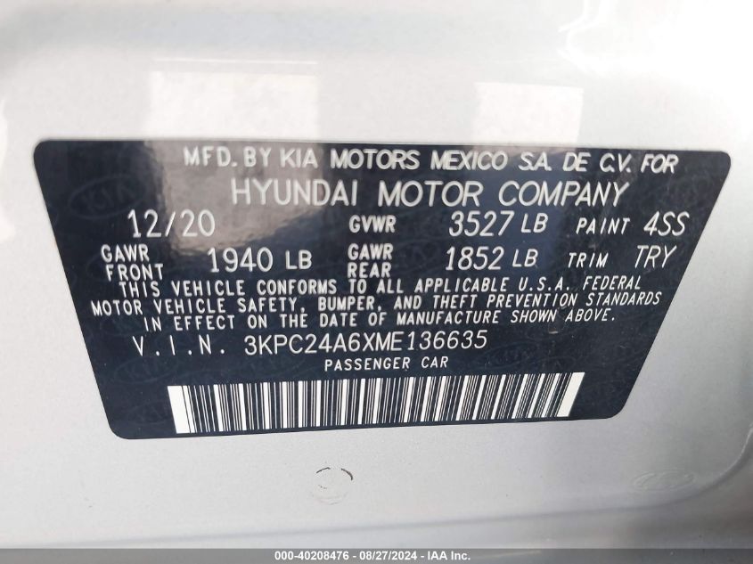 2021 Hyundai Accent Se VIN: 3KPC24A6XME136635 Lot: 40208476