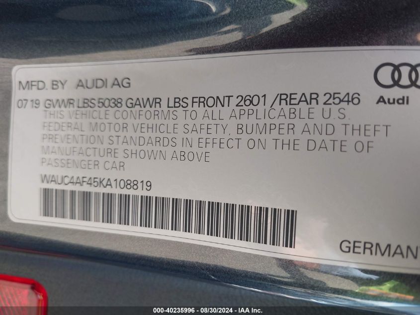 2019 Audi S4 3.0T Premium VIN: WAUC4AF45KA108819 Lot: 40235996