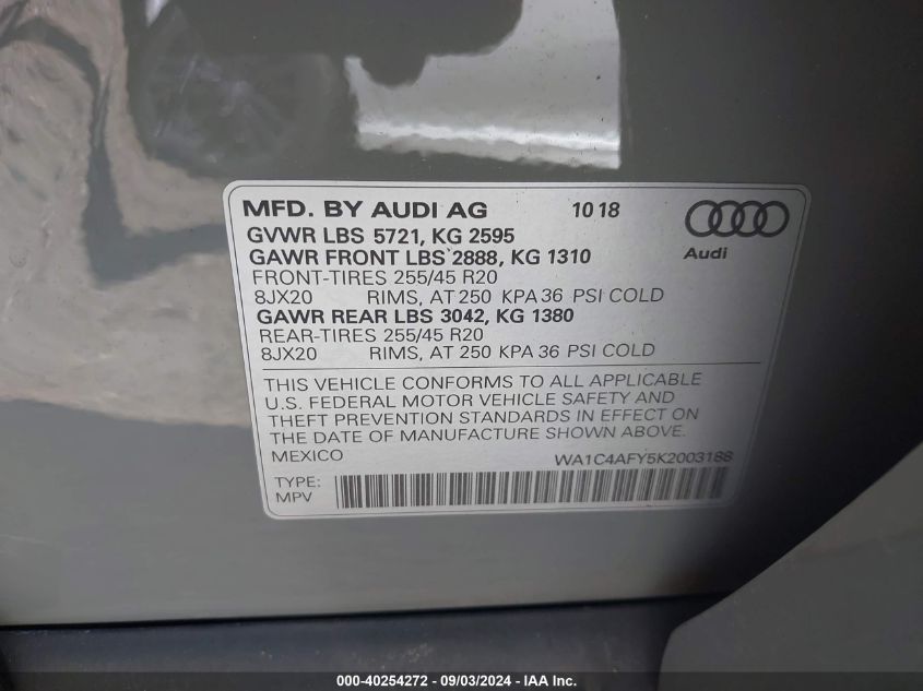 2019 Audi Sq5 3.0T Premium VIN: WA1C4AFY5K2003188 Lot: 40254272