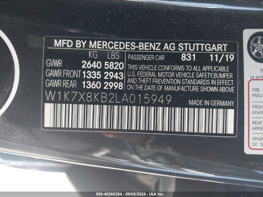 2020 Mercedes-Benz Amg Gt 63 4-Door Coupe S VIN: W1K7X8KB2LA015949 Lot: 40260284