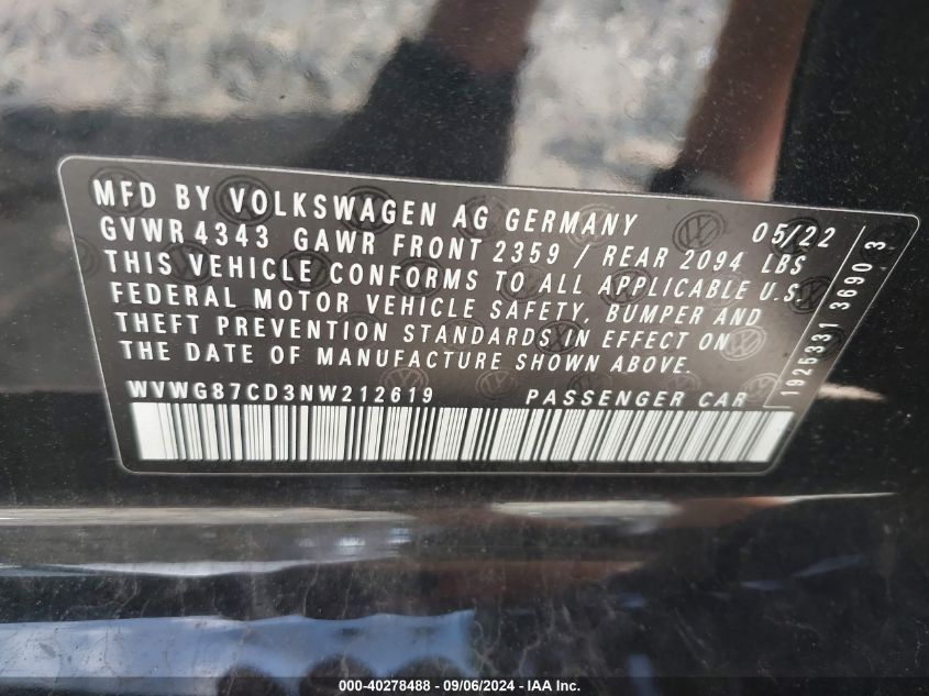 2022 Volkswagen Golf Gti 2.0T S VIN: WVWG87CD3NW212619 Lot: 40278488