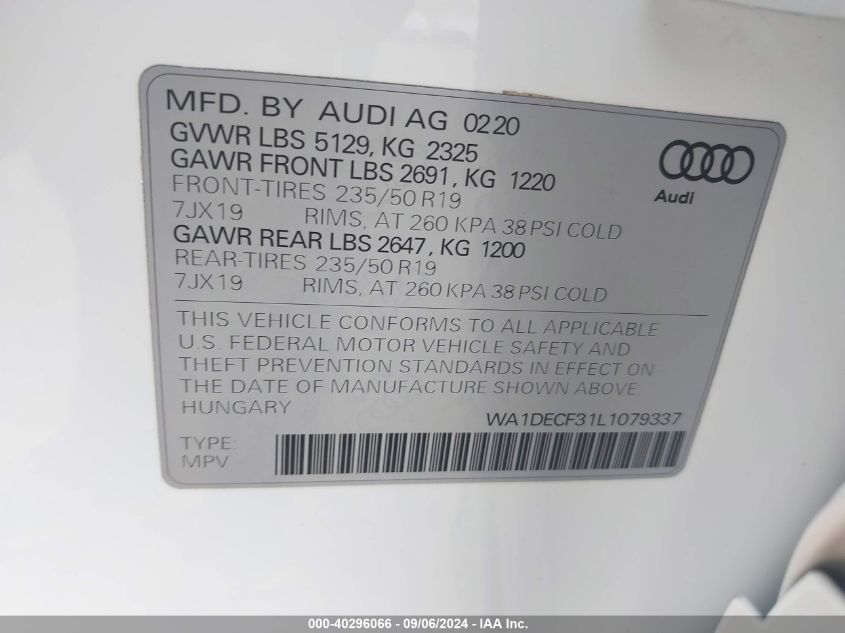 2020 Audi Q3 Premium 45 Tfsi S Line Quattro Tiptronic VIN: WA1DECF31L1079337 Lot: 40296066