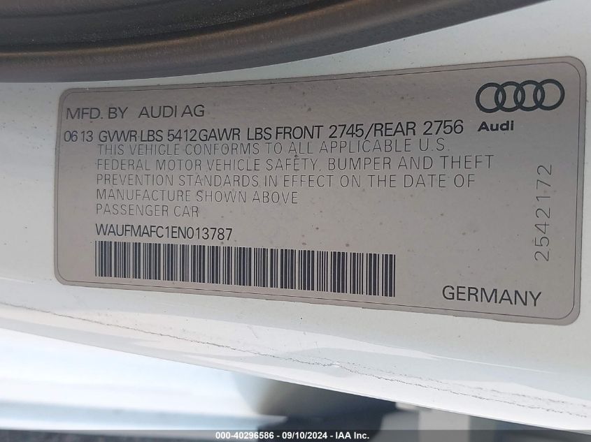 2014 Audi A6 3.0 Tdi Premium Plus VIN: WAUFMAFC1EN013787 Lot: 40296586