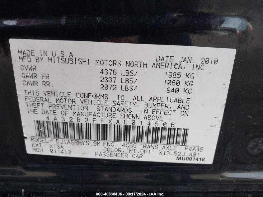 2010 Mitsubishi Galant Es/Se VIN: 4A32B3FFXAE014506 Lot: 40310404