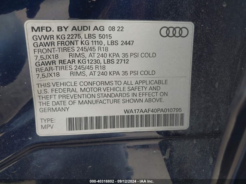 2023 Audi A4 Allroad Premium 45 Tfsi Quattro S Tronic VIN: WA17AAF40PA010795 Lot: 40318802