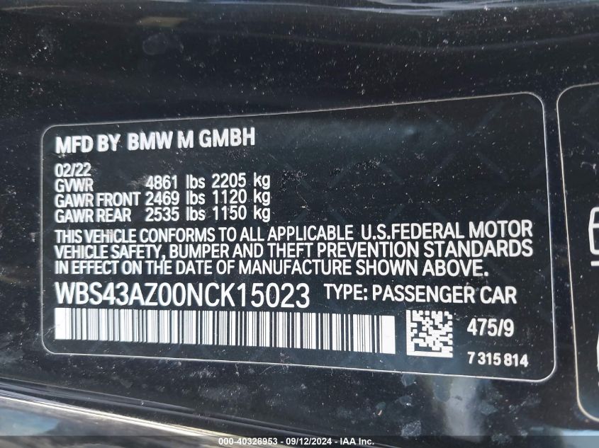 2022 BMW M4 Competition xDrive VIN: WBS43AZ00NCK15023 Lot: 40328953