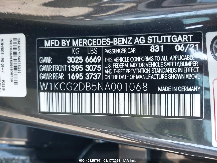 2022 Mercedes-Benz Eqs 450+ VIN: W1KCG2DB5NA001068 Lot: 40329767